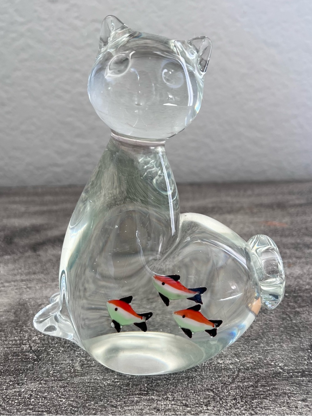 Vintage Blown Art Glass Cat Figurine w/ Fish In Belly Paperweight